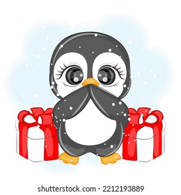 Christmas cute penguin with presents, vector illustration