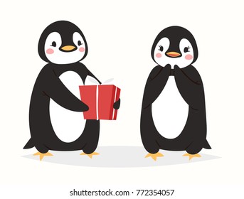 Christmas cute penguin vector character cartoon bird celebrate Xmas poses - play, walc, fly and happy penguin face smile in Santa red hat