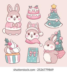 Christmas cute rabbit animal kawaii sticker elements decoration