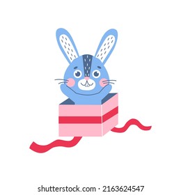Christmas cute rabbit in present box. Winter symbol of 2023 year. New year mascot. vetor flat animal character, isolated on white background.