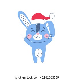 Christmas cute rabbit in Santa hat. Winter symbol of 2023 year. New year mascot. vetor flat animal character, isolated on white background.