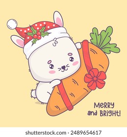 Christmas cute rabbit in Santa hat with gift big carrot. Funny cartoon kawaii animal character. Vector illustration. Cool Festive card. Kids collection