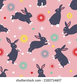 Christmas Cute Rabbits Fantasy Pattern Chinese New Year 2023 Zodiac sign on Children's Seamless Funny Background, Holiday Wallpaper for Babies and little Kids