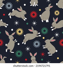 Christmas Cute Rabbits Fantasy Pattern Chinese New Year 2023 Zodiac sign on Children's Seamless Funny Background, Holiday Wallpaper for Babies and little Kids