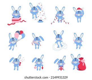 Christmas cute rabbits set. Winter hare symbol of 2023 year. New year mascot. Cute vetor flat animal character, isolated on white background. Happy Chinese New Year.