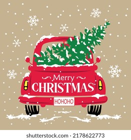 Christmas Cute Red Truck Isolated Pattern with Merry Christmas Text and Pine tree and Snowflakes. Natural Background -Christmas Red Truck Vector Illustration
