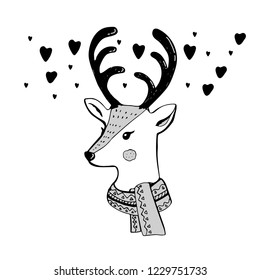 Christmas Cute Reindeer girl with Scarf. Christmas cute animal cartoon character.Can also be used as a logo.black and white sketch