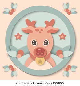 Christmas cute reindeer and holly tree paper texture 