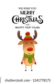 Christmas cute reindeer with red and hat nose cartoon character new jear isolated
