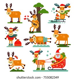 Christmas cute reindeer Santa Claus character vector New Year illustration of deer animal for sleigh