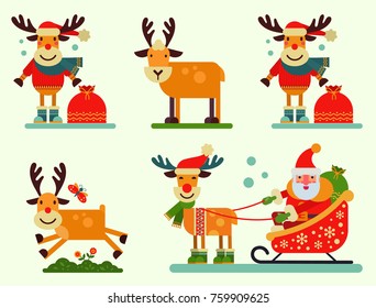 Christmas cute reindeer Santa Claus character vector New Year illustration of deer animal for sleigh