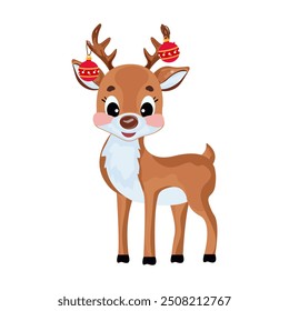 Christmas cute reindeer with Christmas tree toys on antlers Merry Christmas and Happy New Year greeting card Vector isolated on white background