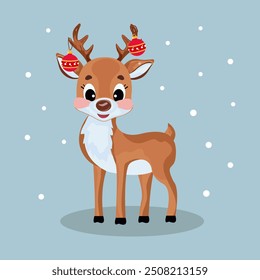 Christmas cute reindeer with Christmas tree toys on antlers Character and symbol of winter, Christmas and New Year Vector illustration on an isolated background