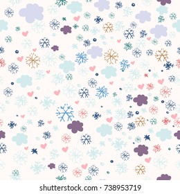 Christmas cute rustic pattern in blue and pink color with snowflakes