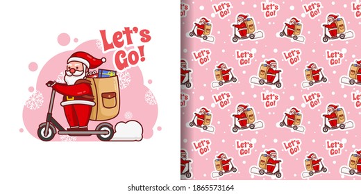 Christmas Cute Santa Cartoon Pattern With Scooter Deliver Gift Soft Pink Color Background For Wrapping Paper Vector
