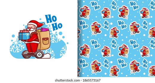 Christmas Cute Santa Cartoon Pattern With Hoover Board Blue Color Background For Wrapping Paper Vector