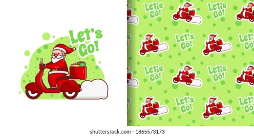 Christmas Cute Santa Cartoon Pattern Deliver Gift By Riding Motorcycle With Green Background For Wrapping Paper Vector