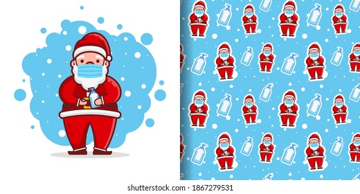 Christmas Cute Santa Cartoon Pattern Wear Mask Using Hand Sanitizer Background For Wrapping Paper Illustration