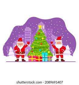 Christmas cute Santa Claus cartoon character with gift.Decorated christmas tree.Vector flat illustration.Isolated on white background.