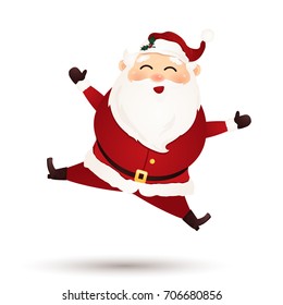 Christmas Cute Santa Claus feeling excited isolated on white background. Santa Clause jumping, waving his arms. Vector cartoon illustration.