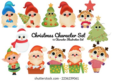 Christmas cute santa claus gnome reindeer character design cute baby illustrations to be used in christmas greeting and wishes background.