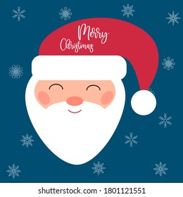 Christmas. Cute Santa Claus and lettering Merry Christmas .Vector illustration on isolated blue background with snowflakes