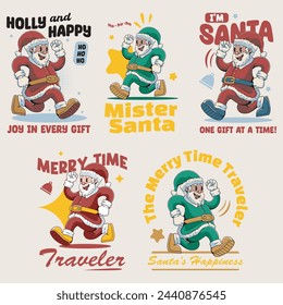 Christmas Cute Santa Claus Retro Mascot Character Cartoon Illustration Set