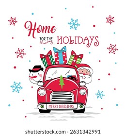 Christmas Cute Santa Claus and Snowman on the Red Truck with Christmas Text and Gifts- Christmas Santa and Snowman Vector Illustration