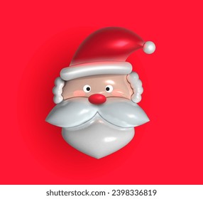 Christmas cute  Santa head with white beard and red nose on red background in hat. 3D realistic vector illustration EPS 10