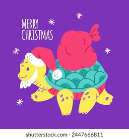 Christmas cute sea turtle with gift bag. Cartoon happy Santa Claus tortoise funny character. Vector flat illustration of marine reptile animal, exotic amphibian on Merry Christmas greeting card