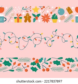 Christmas cute seamless border set. Simple flat xmas objects - lights, gifts, flowers and baubles. Festive bright line dividers for Christmas decoration.