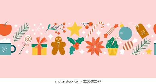 Christmas cute seamless border. Simple flat xmas objects - cookies, gifts, flowers and baubles. Festive bright line divider for Christmas decoration.