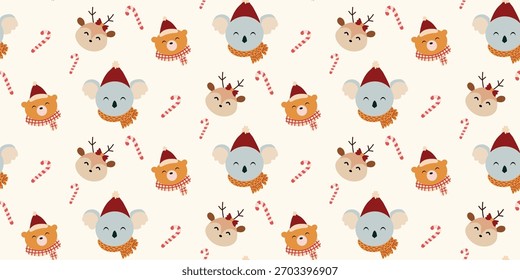 Natal bonito padrão sem emenda com animal bonito, Candy Cane. Xmas coquette retro. Vintage elegante fundo da moda. Perfeito para tecido, papel de parede, decoração, embrulhar
