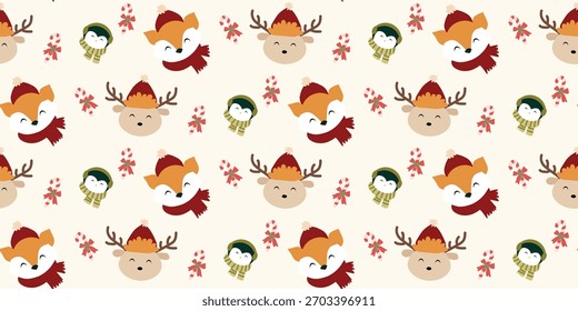 Christmas cute seamless pattern with Cute Animal, Candy Cane. Xmas coquette retro. Vintage elegant trendy background. Perfect for fabric, wallpaper, decor, wrapping