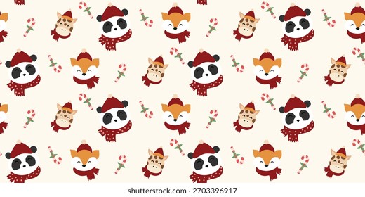 Natal bonito padrão sem emenda com animal bonito, Candy Cane. Xmas coquette retro. Vintage elegante fundo da moda. Perfeito para tecido, papel de parede, decoração, embrulhar