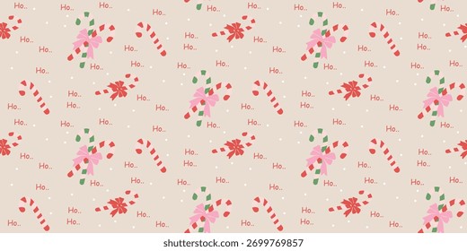 Christmas cute seamless pattern with bows, Candy Cane. Xmas coquette retro. Vintage elegant trendy background. Perfect for fabric, wallpaper, decor, wrapping
