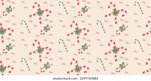 Christmas cute seamless pattern with bows, Candy Cane. Xmas coquette retro. Vintage elegant trendy background. Perfect for fabric, wallpaper, decor, wrapping