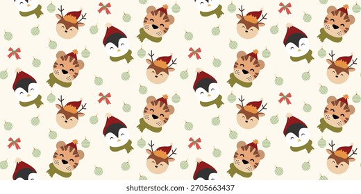 Navidades lindo patrón sin fisuras con arcos, adornos de Navidades, animales lindos, bolas, campanas, bayas de acebo. Coqueta de Navidad retro. Antiguas elegante fondo de moda. Perfecto para la tela, Fondo de pantalla, decoración, 