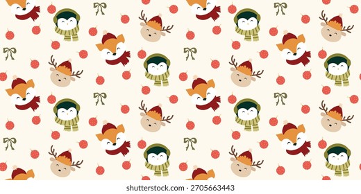 Christmas cute seamless pattern with bows, Christmas ornaments, cute animal, balls, bells, holly berries. Xmas coquette retro. Vintage elegant trendy background. Perfect for fabric, wallpaper, decor, 