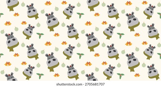 Christmas cute seamless pattern with bows, Christmas ornaments, cute animal, balls, bells, holly berries. Xmas coquette retro. Vintage elegant trendy background. Perfect for fabric, wallpaper, decor, 