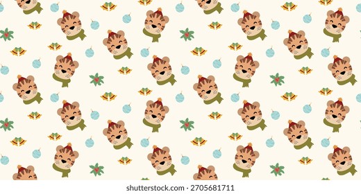 Navidades lindo patrón sin fisuras con arcos, adornos de Navidades, animales lindos, bolas, campanas, bayas de acebo. Coqueta de Navidad retro. Antiguas elegante fondo de moda. Perfecto para la tela, Fondo de pantalla, decoración, 