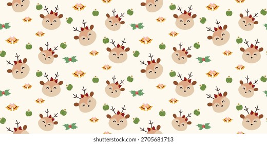 Christmas cute seamless pattern with bows, Christmas ornaments, cute animal, balls, bells, holly berries. Xmas coquette retro. Vintage elegant trendy background. Perfect for fabric, wallpaper, decor, 