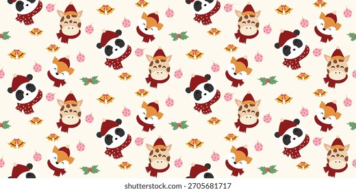 Navidades lindo patrón sin fisuras con arcos, adornos de Navidades, animales lindos, bolas, campanas, bayas de acebo. Coqueta de Navidad retro. Antiguas elegante fondo de moda. Perfecto para la tela, Fondo de pantalla, decoración, 