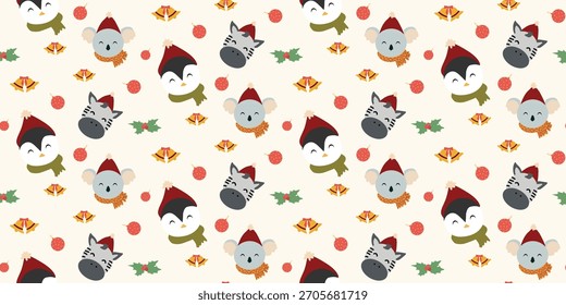 Navidades lindo patrón sin fisuras con arcos, adornos de Navidades, animales lindos, bolas, campanas, bayas de acebo. Coqueta de Navidad retro. Antiguas elegante fondo de moda. Perfecto para la tela, Fondo de pantalla, decoración, 