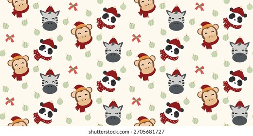 Christmas cute seamless pattern with bows, Christmas ornaments, cute animal, balls, bells, holly berries. Xmas coquette retro. Vintage elegant trendy background. Perfect for fabric, wallpaper, decor, 