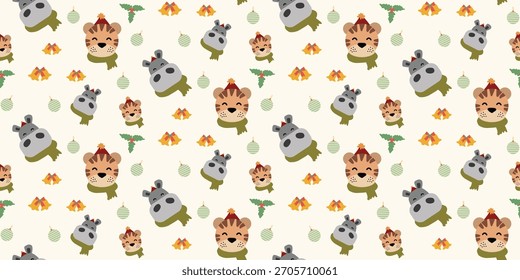 Christmas cute seamless pattern with bows, Christmas ornaments, cute animal, balls, bells, holly berries. Xmas coquette retro. Vintage elegant trendy background. Perfect for fabric, wallpaper, decor, 