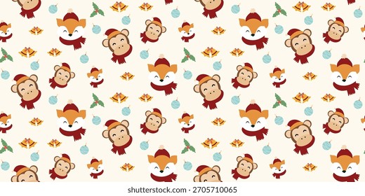 Navidades lindo patrón sin fisuras con arcos, adornos de Navidades, animales lindos, bolas, campanas, bayas de acebo. Coqueta de Navidad retro. Antiguas elegante fondo de moda. Perfecto para la tela, Fondo de pantalla, decoración, 