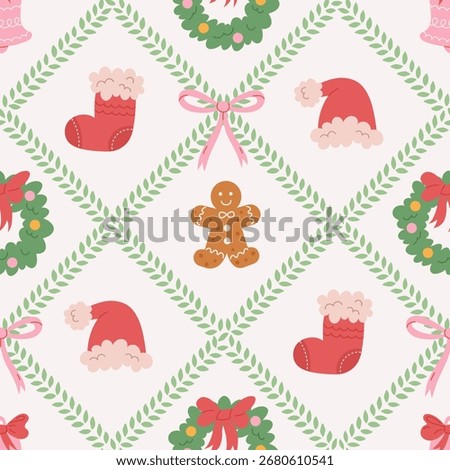 Christmas cute seamless pattern with bows, wreath, red socks, gingerbread, bell, Santa hat. Xmas print. Preppy modern background. Vintage damask holiday design for fabric, wallpaper or wrapping paper.