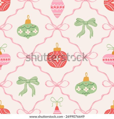 Christmas cute seamless pattern with bows, ribbons and Xmas baubles, tree toys, balls. Coquette retro print. Preppy holiday background. Vintage damask design for fabric, wrapping paper, textile.