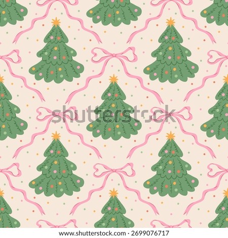 Christmas cute seamless pattern with bows, ribbons and Christmas trees. Xmas coquette retro print. Preppy trendy holiday background. Vintage damask design for fabric, wrapping paper, textile.